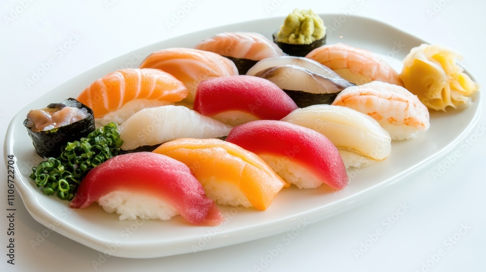 A tantalizing platter of assorted sushi nigiri featuring slices of fresh fish atop seasoned rice, Nigiri platter centered, Warm studio lighting accentuating the vibrant colors A tantalizing platter of assorted sushi nigiri featuring slices of fresh fish atop seasoned rice, Nigiri platter centered, Warm studio lighting accentuating the vibrant colors