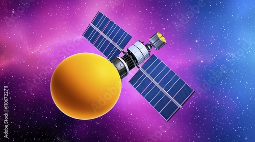 Satellite Orbiting Orange Planet, Space | Cosmic Backgrounds photo