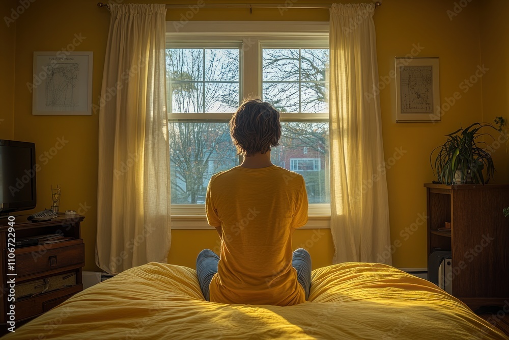 Person Sitting On Bed Gazing Out Window At Trees Person Sitting On Bed Gazing Out Window At Trees