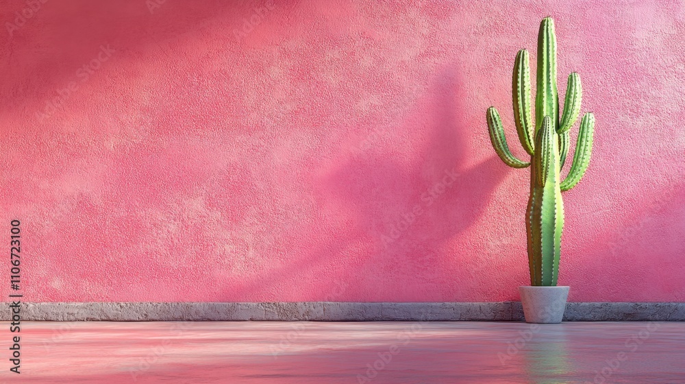 Bright Green Cactus in Pastel Pink Environment Bright Green Cactus in Pastel Pink Environment