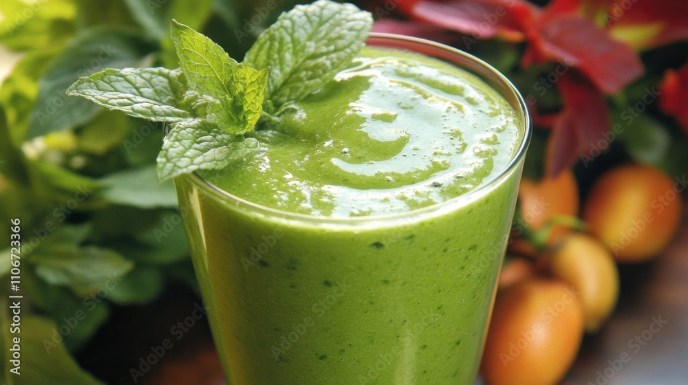 Refreshing Green Smoothie in Clear Glass with Garnish Refreshing Green Smoothie in Clear Glass with Garnish