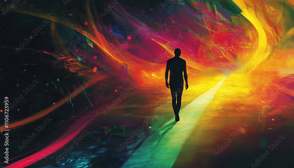 Surreal landscape with a figure on a glowing trail Surreal landscape with a figure on a glowing trail