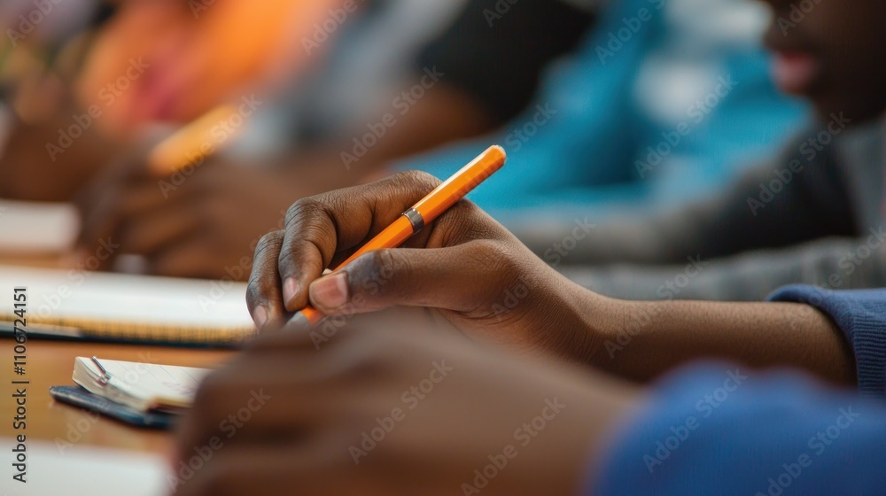 Fototapeta premium Learning: A close-up of hands taking notes in a classroom setting