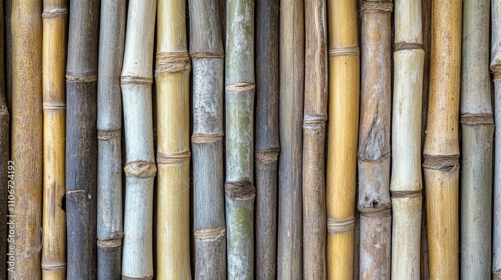 A close-up of bamboo stalks arranged closely together, showcasing their natural textures and colors. A close-up of bamboo stalks arranged closely together, showcasing their natural textures and colors.