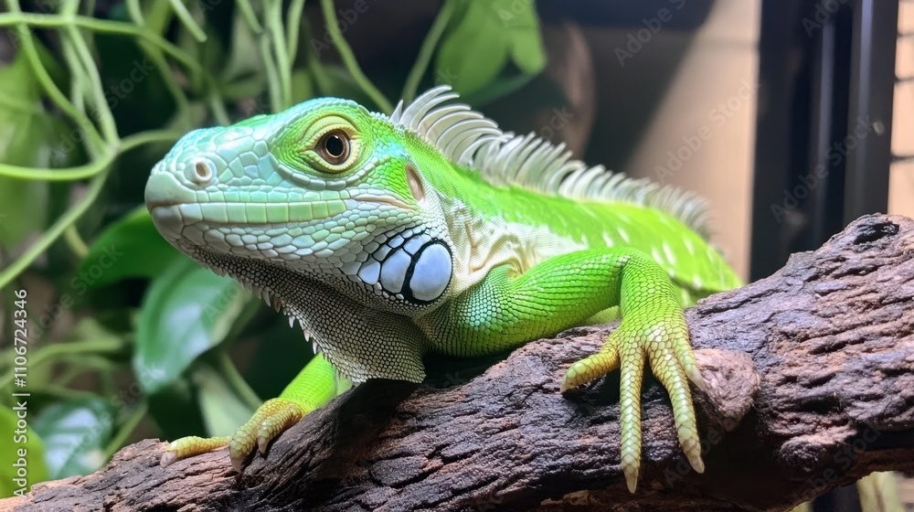 Bright Green Iguana Basking on a Branch Bright Green Iguana Basking on a Branch