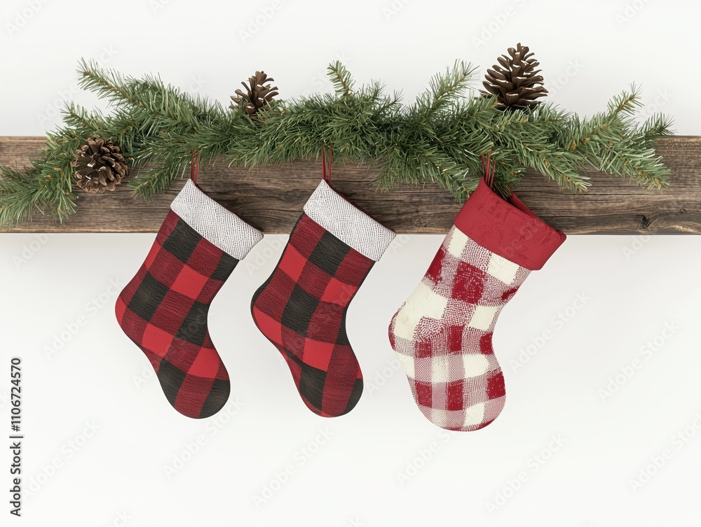 Two Christmas stockings with red and black plaid pattern hang from a wooden branch decorated with green pine and red berries.