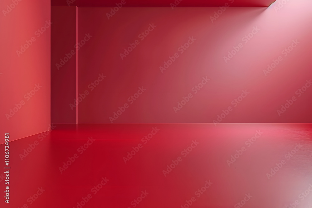 A minimalist red room with smooth walls and floor, creating a vibrant, modern aesthetic.