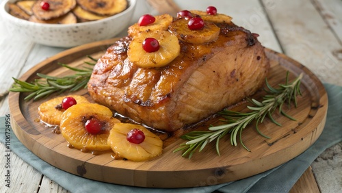 Honey glazed ham with pineapple and cherries garnished with rosemary photo