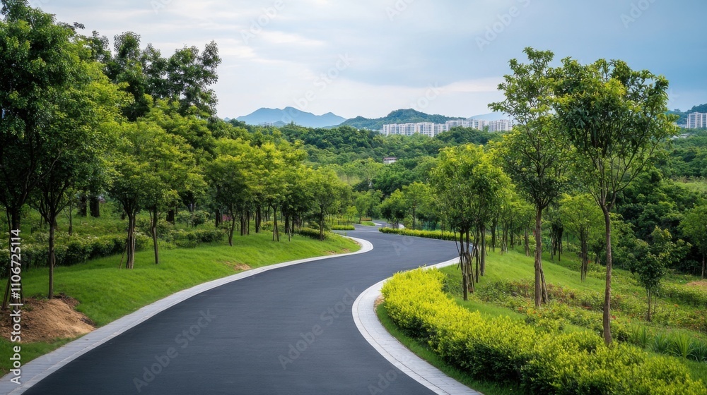 Scenic Pathway Through Lush Green Trees Scenic Pathway Through Lush Green Trees