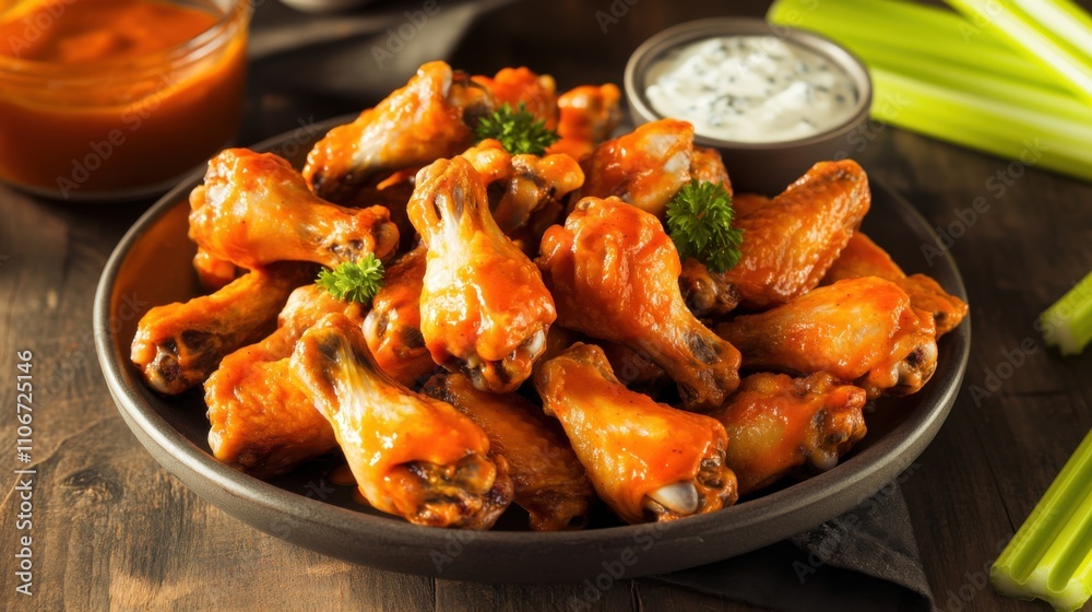 A tantalizing platter of buffalo chicken wings served with celery sticks and blue cheese dip, Wing platter centered, Warm ambient lighting creating a cozy atmosphere