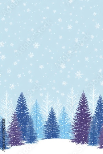 Winter Landscape with Christmas Trees and Snowflakes Digital Drawing