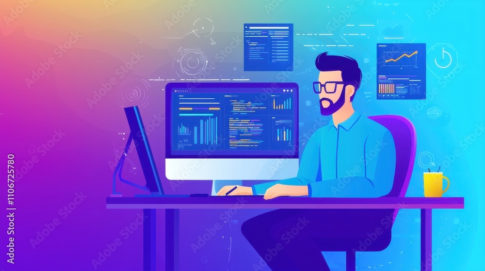 A man is sitting at a desk with three computer monitors in front of him A man is sitting at a desk with three computer monitors in front of him