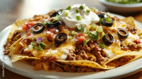 A tantalizing platter of loaded nachos topped with melted cheese, black beans, jalapenos