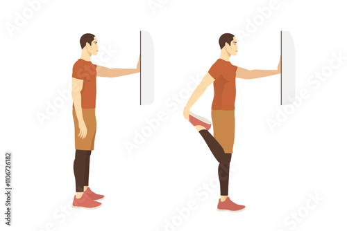Man hold bend his knee by hold the ankle and moving foot toward his buttocks with standing front thigh stretch with wall support. Standing Quadriceps Stretch.