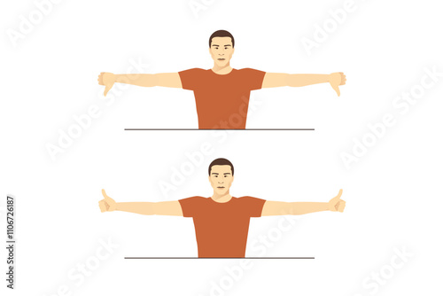 Man doing Horizontal Hand Rotations target for Biceps. Diagram of Stretch Exercise posture. Hold arms out to sides and rotate shoulders by turning a thumbs down.
