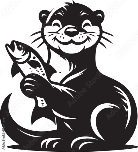 Otter with a playful smirk holding a fish black silhouette vector