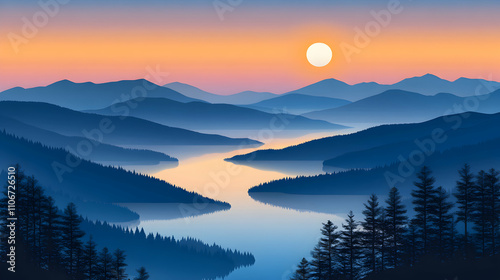 Serene Sunset over Misty Mountains and Winding Lake: A Vector Illustration Background