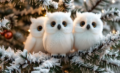 owl christmas Cute white polar owls toys on snow-covered branches of christmas tree  animal, decoration, season, bird photo