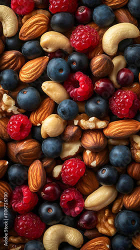 A Detailed Close-Up of Mixed Nuts and Berries, a Colorful and Nutritious Blend