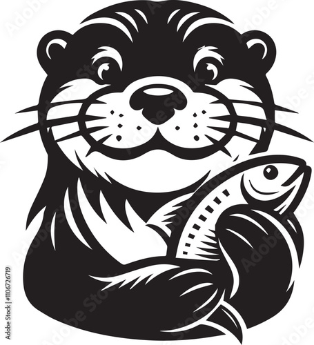 Otter with a playful smirk holding a fish black silhouette vector