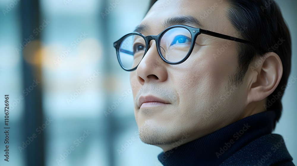 Man in Glasses Contemplates Future, Hopeful Gaze Man in Glasses Contemplates Future, Hopeful Gaze