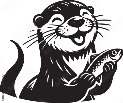 Otter with a playful smirk holding a fish black silhouette vector