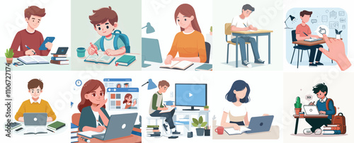 Vector set of a teenager studying in a simple flat design style