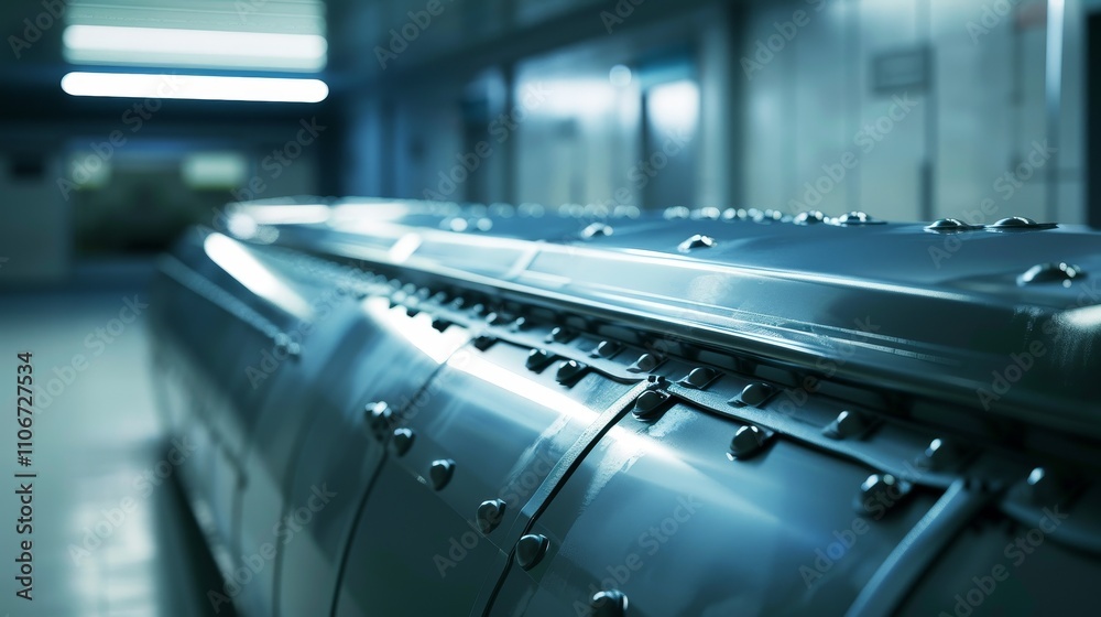 Close-up of sleek metallic nuclear payload container in modern control room, showcasing high-tech security and precision in nuclear operations.	