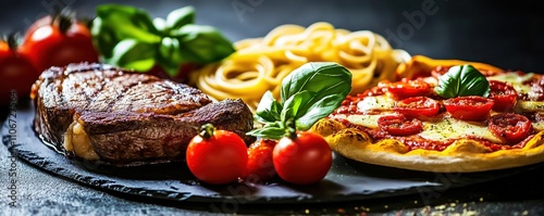 A delicious spread featuring steak, pasta, and pizza, highlighting culinary delights.