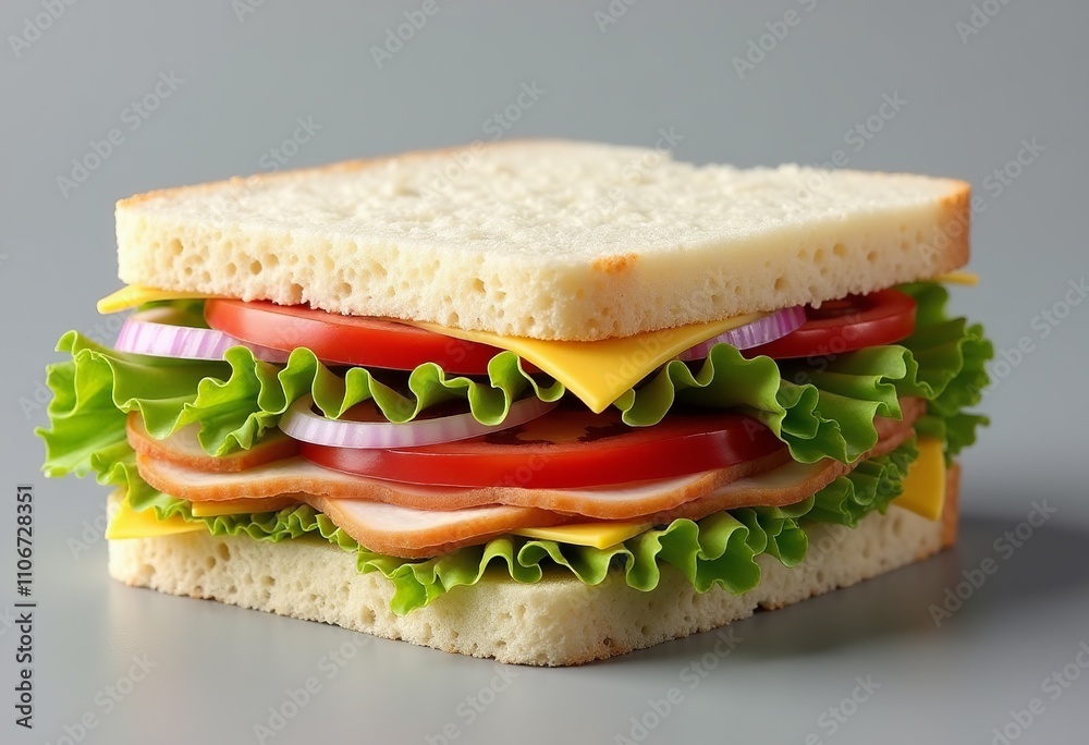 Hyper-Realistic 4K Sandwich with Layers of Cheese, Turkey, and Colorful Vegetables Set Against a Simple Gray Background Hyper-Realistic 4K Sandwich with Layers of Cheese, Turkey, and Colorful Vegetables Set Against a Simple Gray Background