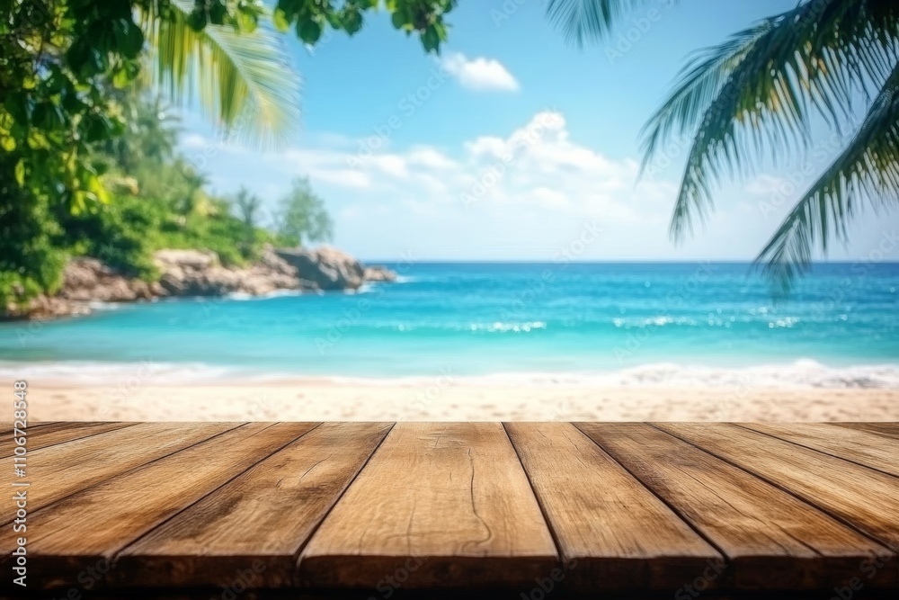 Fototapeta premium Empty wooden table on a beautiful tropical beach background for summer holiday product display