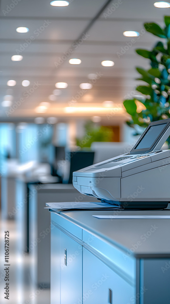 Modern Office Printer Sits on Desk in Bright Room Modern Office Printer Sits on Desk in Bright Room