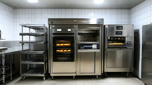 Commercial Kitchen. Stainless Steel Ovens Baking Bread photo