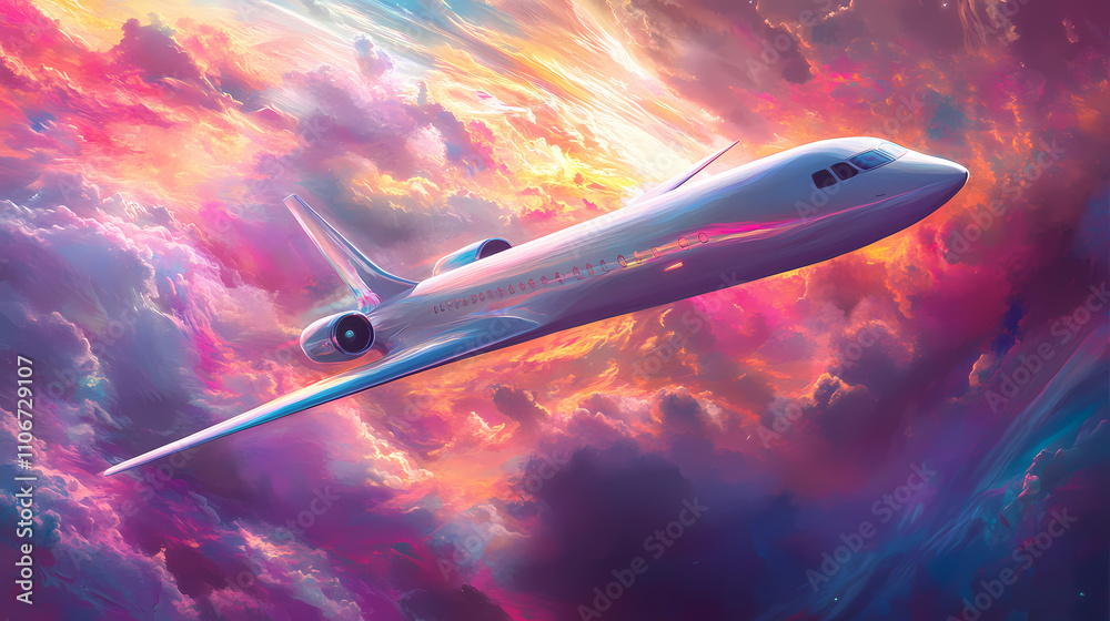 Surreal vision of advanced spacecraft technology: a futuristic spaceplane soaring through an ethereal cosmic landscape with vibrant colors and dreamlike elements. Ethereality. Illustration Surreal vision of advanced spacecraft technology: a futuristic spaceplane soaring through an ethereal cosmic landscape with vibrant colors and dreamlike elements. Ethereality. Illustration