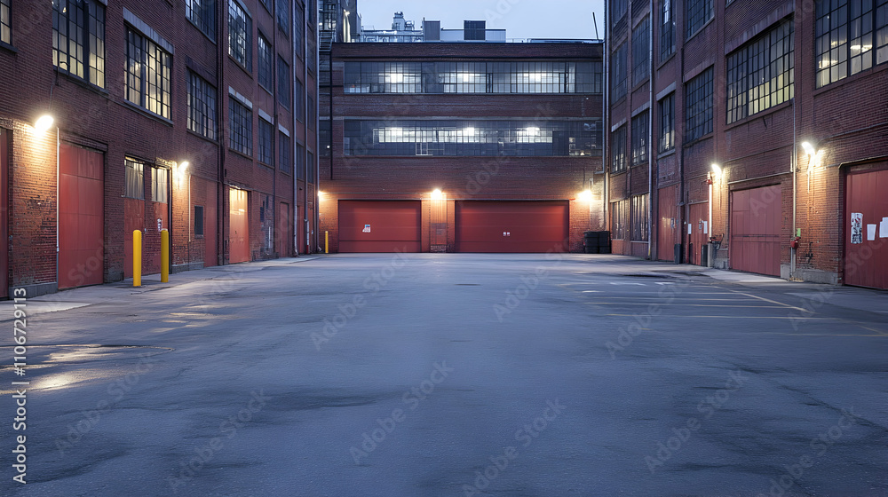 Brick Building Alleyway at Dusk, Empty Parking Lot Brick Building Alleyway at Dusk, Empty Parking Lot
