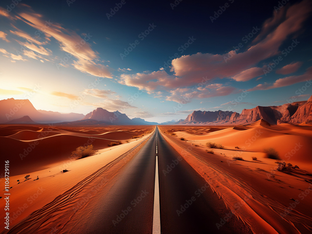 Carretera con arena en el desierto. Paisaje exótico y desolado. Ilustración IA generativa. Carretera con arena en el desierto. Paisaje exótico y desolado. Ilustración IA generativa.