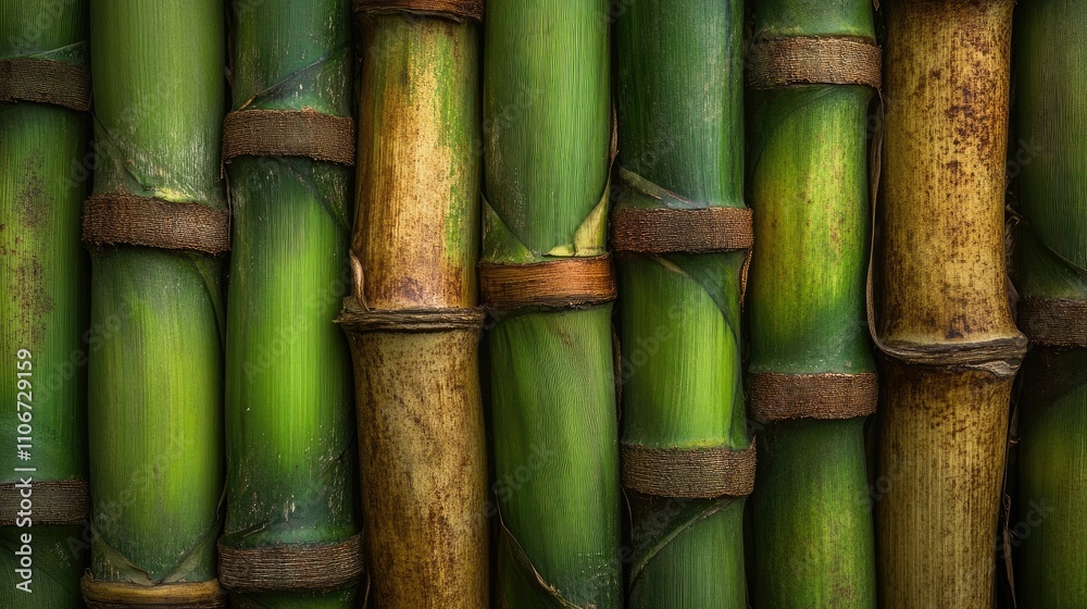 A close-up view of bamboo stalks showcasing their vibrant green and brown textures. A close-up view of bamboo stalks showcasing their vibrant green and brown textures.