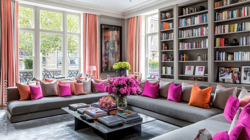 Bright Living Room with Grey Sofa and Colorful Accents Bright Living Room with Grey Sofa and Colorful Accents