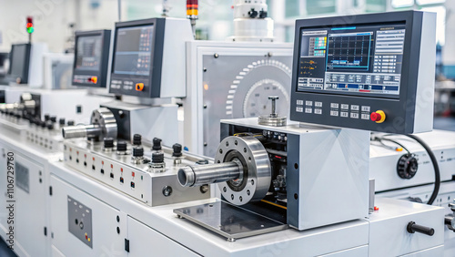 Advanced machinery in high tech manufacturing facility showcases precision engineering and automation. equipment features digital displays and control panels for efficient operation photo