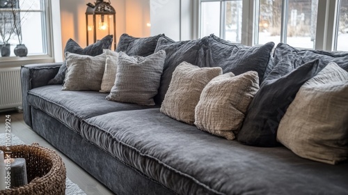 Elegant Grey Sofa in Soft Ambient Lighting photo