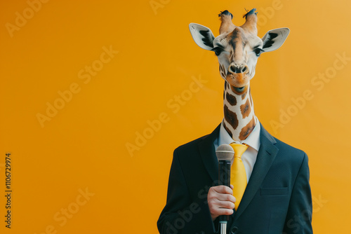  A giraffe in a suit and tie speaking publicly with a microphone against a vivid orange background