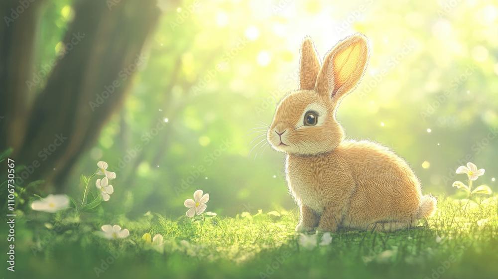 Lively bunny, crayon style, fairy tale, looking at camera, side view, outdoors, with grass and trees on the back and some flowers on the side Lively bunny, crayon style, fairy tale, looking at camera, side view, outdoors, with grass and trees on the back and some flowers on the side
