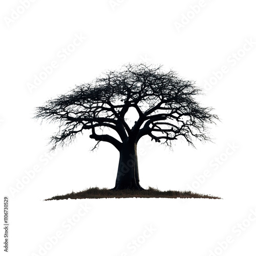 A baobab tree silhouette, exotic theme, unique bold design, dark black, isolated on white background photo