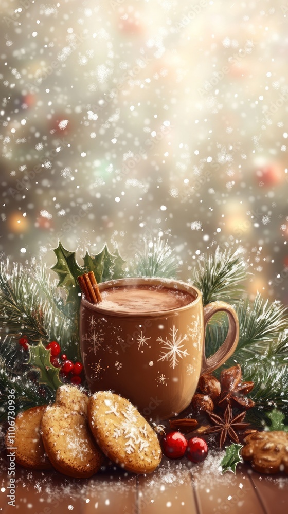 A cozy scene featuring a mug of hot chocolate, cookies, and festive decorations in a snowy setting. A cozy scene featuring a mug of hot chocolate, cookies, and festive decorations in a snowy setting.