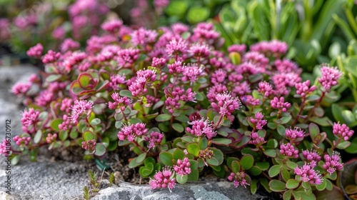 Stonecrop 'Herbsfreude' displaying small raspberry pink flowers in late summer photo