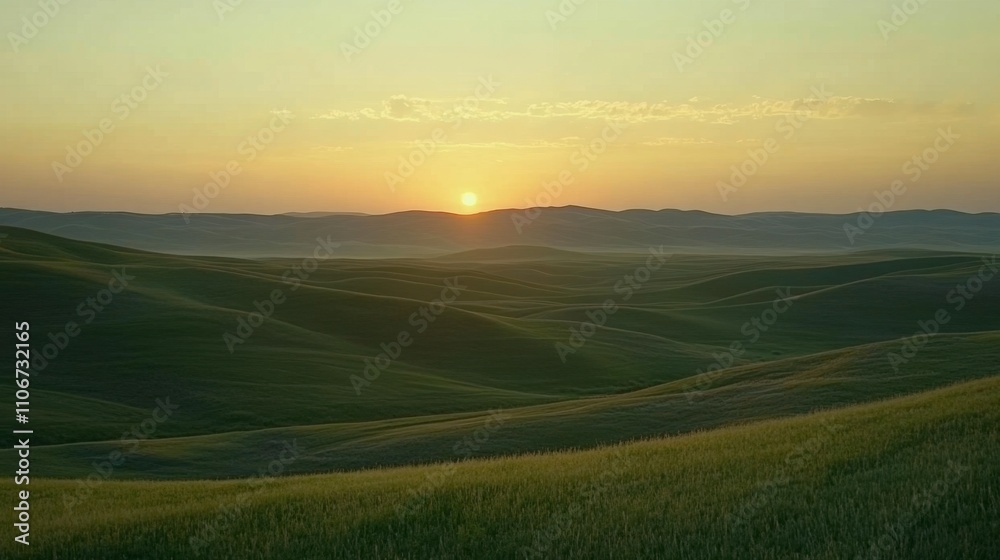 Fototapeta premium Serene Landscape with Rolling Green Hills at Sunset