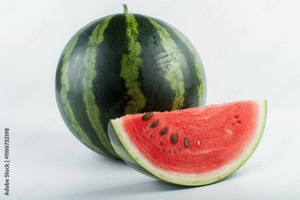 Whole Watermelon with Sliced Wedge on White Background. Whole Watermelon with Sliced Wedge on White Background.
