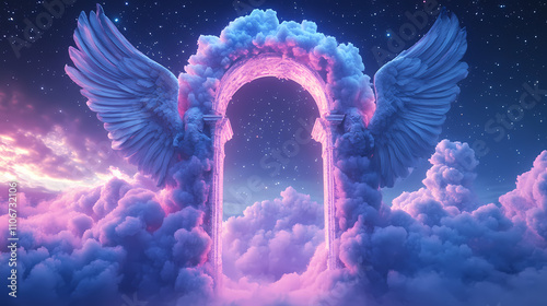 Majestic celestial guardian on ethereal cloud archway illuminated by stars, 3d rendering of fantasy art concept. Ethereality. Illustration