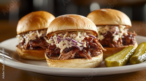 A tempting plate of barbecue pulled pork sliders topped with coleslaw, served on toasted brioche buns, Pork slider plate centered
