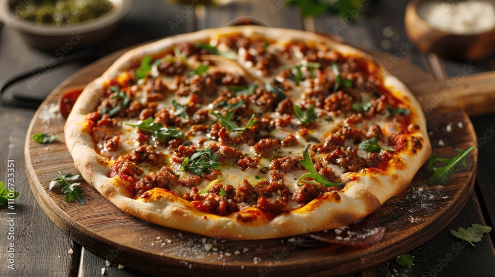 Minced meat and mozzarella pizza served on stone board